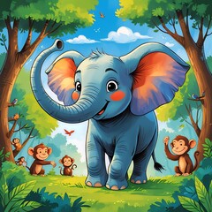 A large elephant lifting her trunk like a trumpet, blowing a warm, low note. Other animals peek from behind trees, listening curiously. elephants in the jungle.