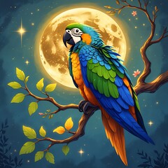 A colorful parrot perched on a branch, wings slightly open, singing a soft, sweet tune. The moon glows behind her. parrot on a branch.