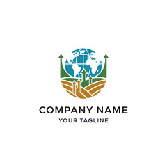 Modern Global Growth Logo: Stylized World Map with Agricultural Fields and Rising Arrows, Symbolizing Sustainable Development, International Business, and Environmental Progress, Flat Vector