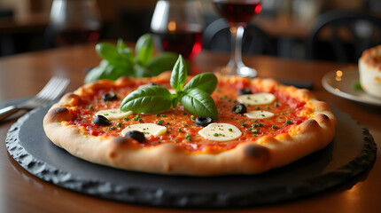 Gourmet Pizza Dinner Elevated View of Fresh Mozzarella and Basil Pie Served with Red Wine Fine Dining Presentation Artistic Pizza on Slate Plate with Cutlery and Ambient Lighting