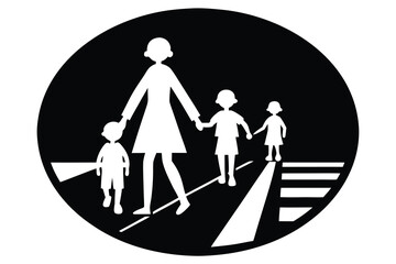 Black and White Silhouette of a Woman and Three Children Crossing a Street