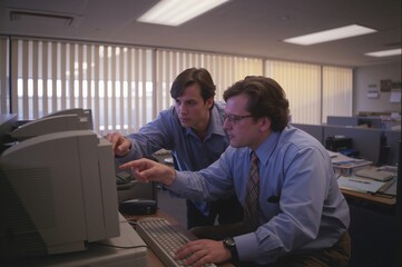 Retro office coworkers focus intently on computer in nostalgic workplace setting