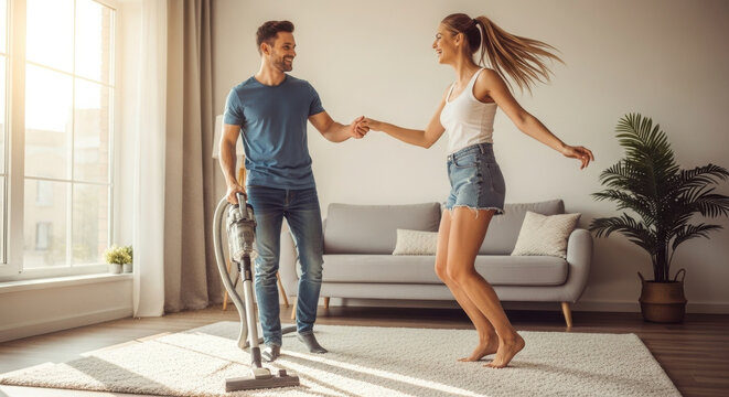 Couple dancing while vacuuming the living room floor