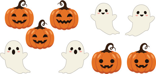 Cute Halloween pumpkins and ghosts, smiling spooky characters for party invitations, decorations, stickers, kids designs, vector illustration