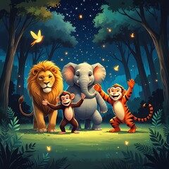 All five animals lion, elephant, monkey, parrot, and tiger performing together in the clearing. Fireflies glow around them like lanterns.