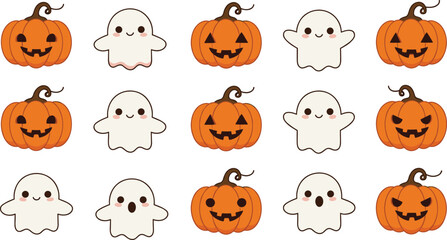 Cute Halloween pumpkins and ghosts, smiling jack o lanterns, spooky cartoon characters, festive autumn holiday decoration, vector illustration