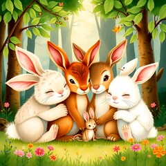 Rabbits, deer, and tiny mice cuddled together, eyes closing as they listen to the magical lullaby in the peaceful forest.