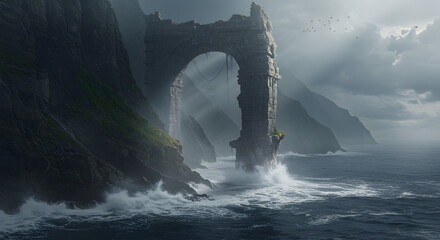 Floating Stone Arch Above Ocean Cliff