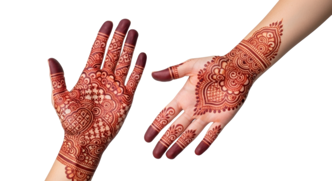 Isolated henna tattoo hands, traditional Indian Mehndi designs on female arms, no background