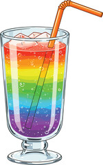 Rainbow layered cocktail drink, colorful beverage with ice cubes, vibrant gradient mocktail, refreshing summer party drink, artistic gourmet presentation, tropical exotic juice glass