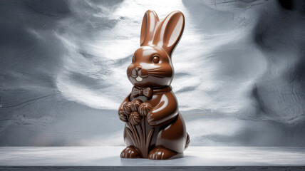 Photorealistic chocolate bunny figure holding flowers on a gray background