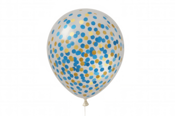 Transparent balloon filled with gold and blue confetti, celebrating festive events and happy occasions
