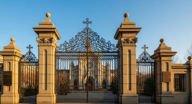 Ornate Cemetery Entrance with Gothic Architecture and Crosses
