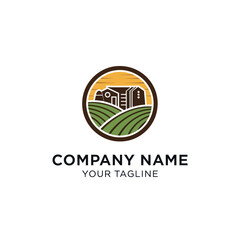 Modern Farm and Agriculture Logo with Barn, Silo, Green Fields, and Sunset, set in a Circular Emblem, for Agricultural Business Branding on a White Background, Flat Vector Elements, Vector