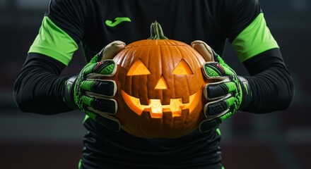 A soccer goalkeeper holds a carved jack-o'-lantern instead of a ball during a Halloween game