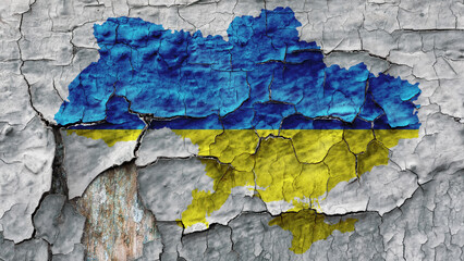 map of Ukraine painted on an old wall with the colors blue and yellow of the flag