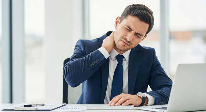 Man holding neck in pain at office desk laptop open