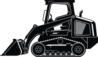 Naklejka premium Black and white vector illustration of compact track loader construction machine with hydraulic bucket, rubber tracks, and enclosed operator cab