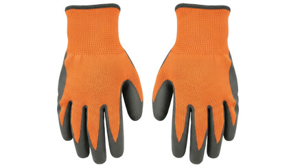 Isolated gloves for work, pair of bright orange with gray protective coating, cut resistant