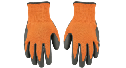 Isolated gloves for work, pair of bright orange with gray protective coating, cut resistant