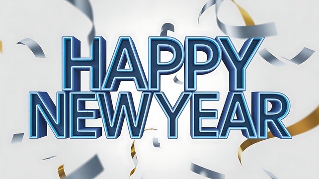 Blue text happy new year with falling confetti celebration