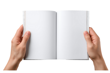 Hands holding open blank white book isolated on a transparent background