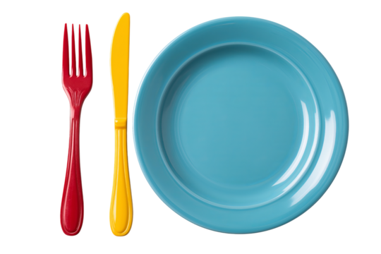 Cyan plate with red fork and yellow knife isolated on a transparent background