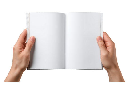 Hands holding open blank white book isolated on a transparent background