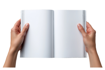Hands holding open blank white book isolated on a transparent background 1