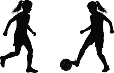 Black silhouette of two girls playing soccer with ponytails, athletic motion, ball control, teamwork, youth sports, and dynamic action pose