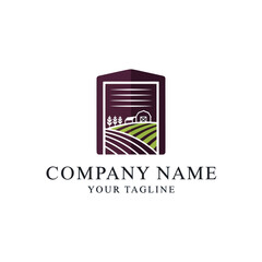 Modern stylized farm and agriculture business logo featuring a barn, crop fields, and wheat with company name typography on a clean white background., Flat Vector Elements, Vector Illustration,