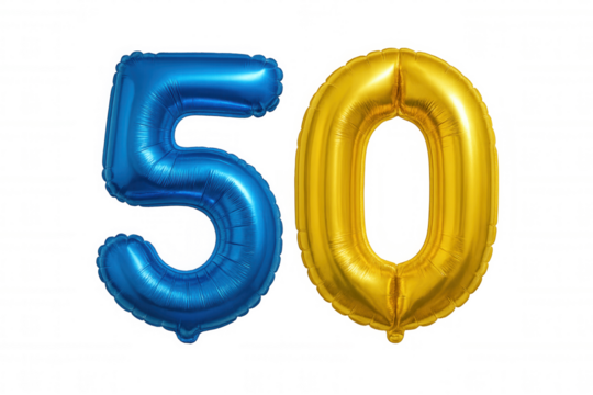 Number 50 foil balloons in blue and gold colors celebrating a birthday or anniversary on transparent background