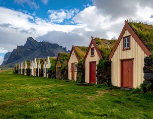 Obraz premium Colorful traditional Icelandic turf houses