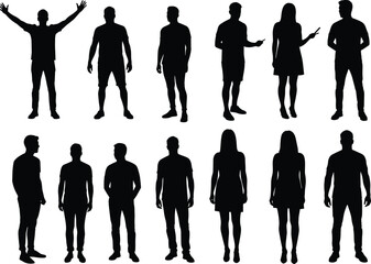 Black Silhouette Vector of Diverse Human Poses for Body Language, Gesture Recognition, Fashion Design, and Creative Illustration Projects