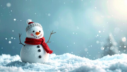 Obraz premium 雪景色の中で赤いマフラーを巻いたかわいいフェルト風雪だるま 冬のイベントやクリスマスの雰囲気を演出するイラスト素材