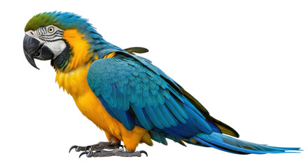 Isolated macaw perched in profile showing its colorful plumage, distinctive facial markings