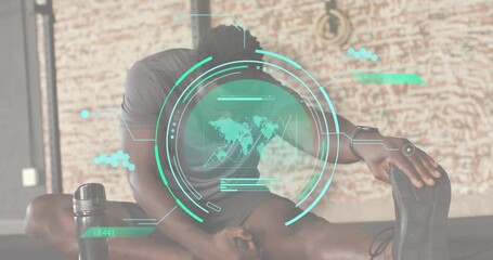 Fitness HUD map appearing male athlete stretching ankle morphing into line graph tracking metrics - Powered by Adobe