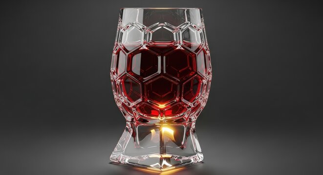 Elegant intricate glass filled with rich dark red liquid illuminated by warm subtle lighting showcasing exquisite geometric patterns against a dark background - Powered by Adobe