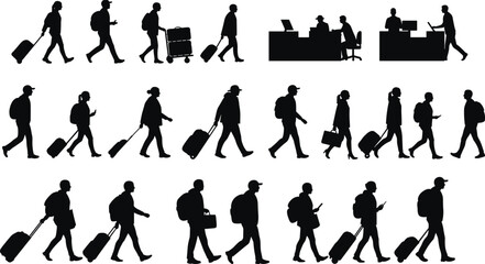 Airport traveler silhouette, black vector art, luggage, walking pose, check-in counter, mobile use, travel scene, transportation, journey