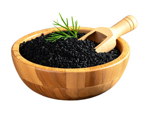 Rustic Wooden Bowl Filled with Nigella Seeds and Herb Sprigs