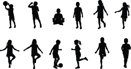 Children silhouette, playful activity, black vector art, jumping, sitting, walking, running, ball play, motion study, childhood movement, pose variety
