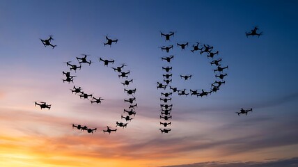 Obraz premium Drones form letters against twilight sky aerial formation
