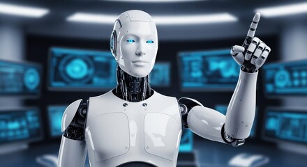 Futuristic white android robot with blue eyes pointing up showcasing modern technology in a sleek digitally advanced and data rich environment