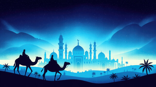 Silhouetted camels walking under starry night sky with glowing mosque skyline - Powered by Adobe