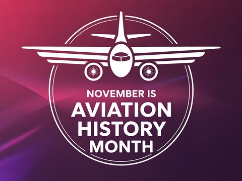 Celebrate aviation history month in november with a vintage airplane emblem and gradient background