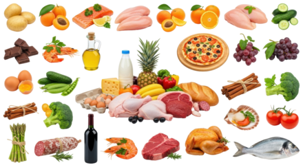 Isolated food variety for healthy diet planning, balanced nutrition, and cuisine prep