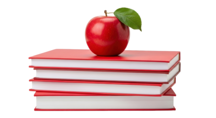Isolated image of a shiny red apple placed atop a stack of vibrant red books for learning