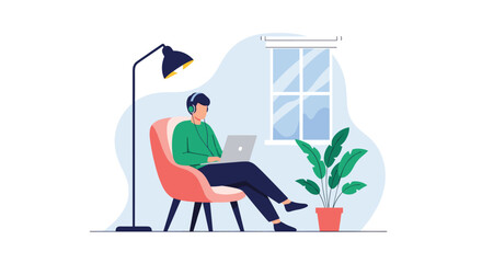 Man working on laptop while listening to music at home.