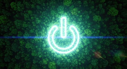Glowing power symbol superimposed upon lush green forest canopy with bright cool tones and high contrast lighting showcasing digital energy concept