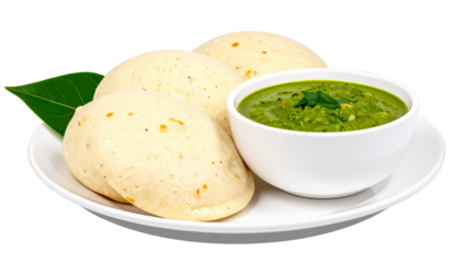 Fresh idli with chutney PNG on transparent background, perfect for menus, packaging, and food designs.